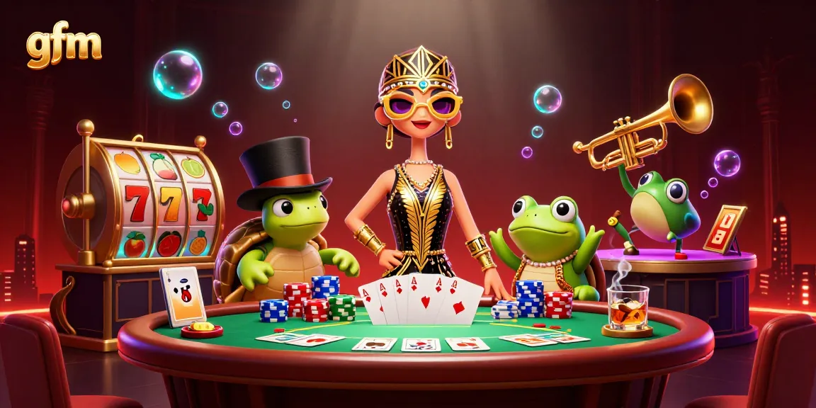 Win big at gfm with exciting 3D elements featuring slots and poker in a vibrant casino scene.