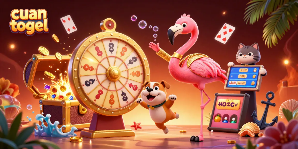 Cuan togel game excitement with flamingo host, bulldog contestant and prizes in a vibrant animated scene.