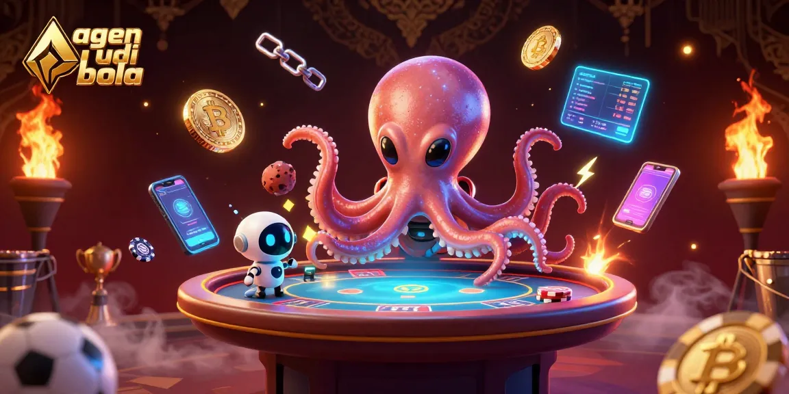 A thrilling scene showcasing agen judi bola with an alien octopus at a holographic poker table surrounded by sports betting elements.
