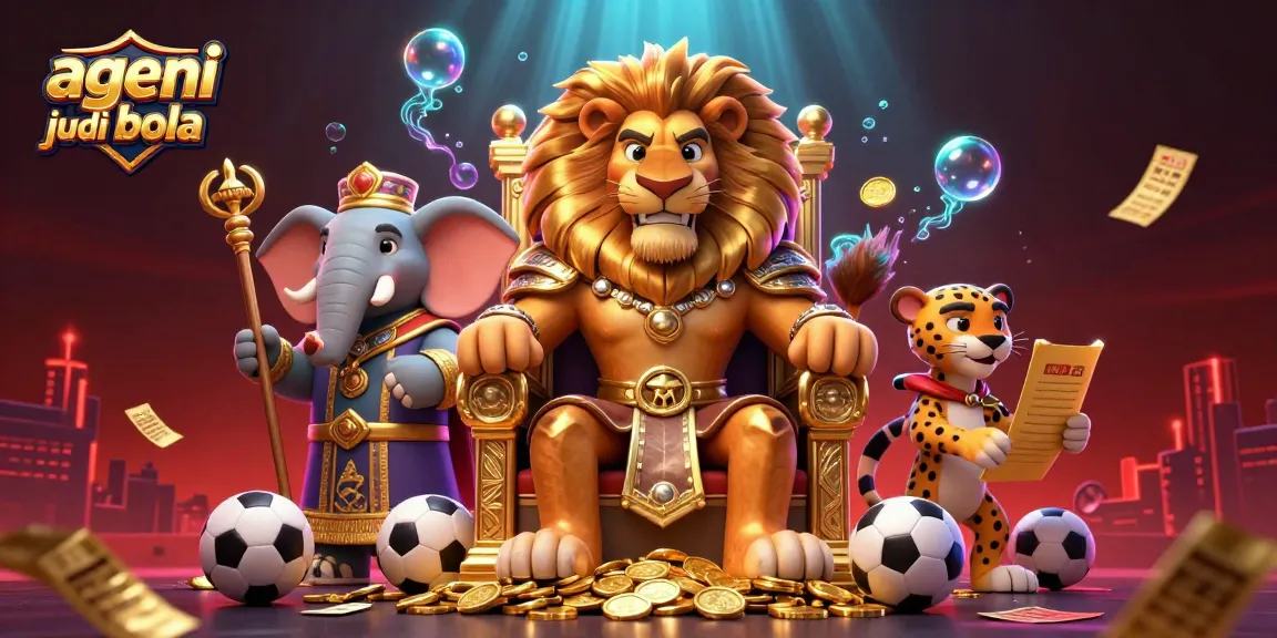 Engaging scene of agen judi bola featuring a lion king, elephant advisor, and cheetah messenger among dynamic sports betting elements.