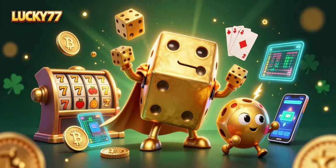Experience the allure of LUCKY77 with a dynamic casino-themed 3D scene featuring vibrant slot elements.